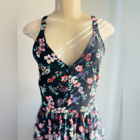 Gap Black W/Pink Floral Criss Cross Strappy Back Maxi Sundress Size 0 - Picture 5 of 11